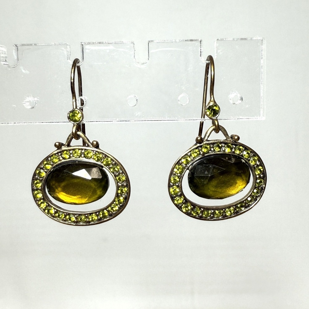 Liz Claiborne Green Rhinestone Oval Drop Dangle Earrings Art Deco Style